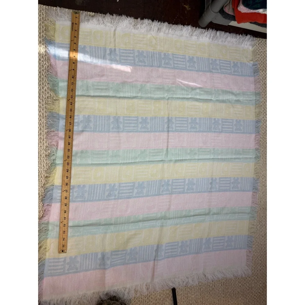 Vintage Pastel ABC Teddy Bear Baby Blanket Fringed Woven Nursery Cottagecore